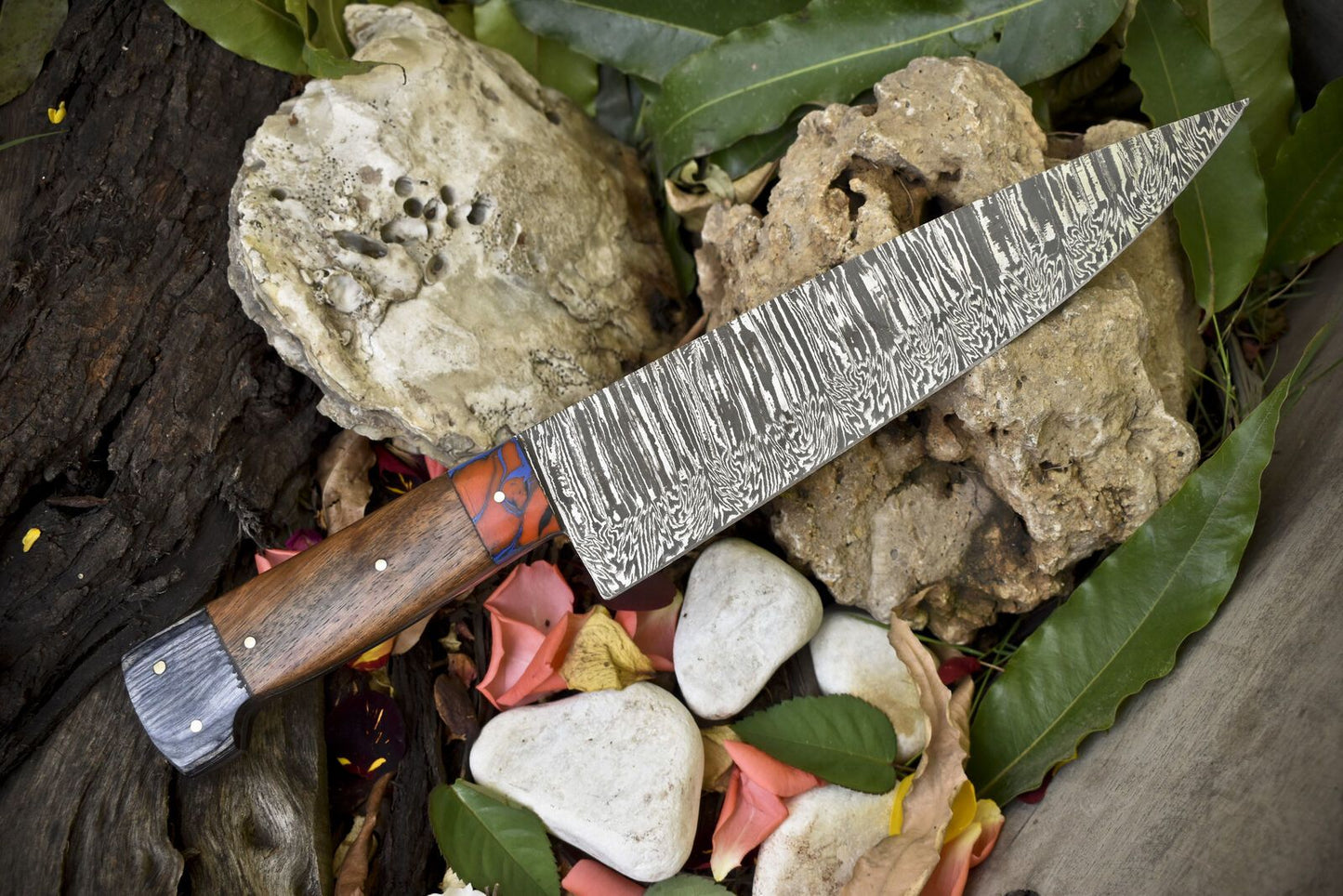 Custom Forged 13 Damascus Steel Chef Knife Bone And Wood Handle With Micarta Bolster 3
