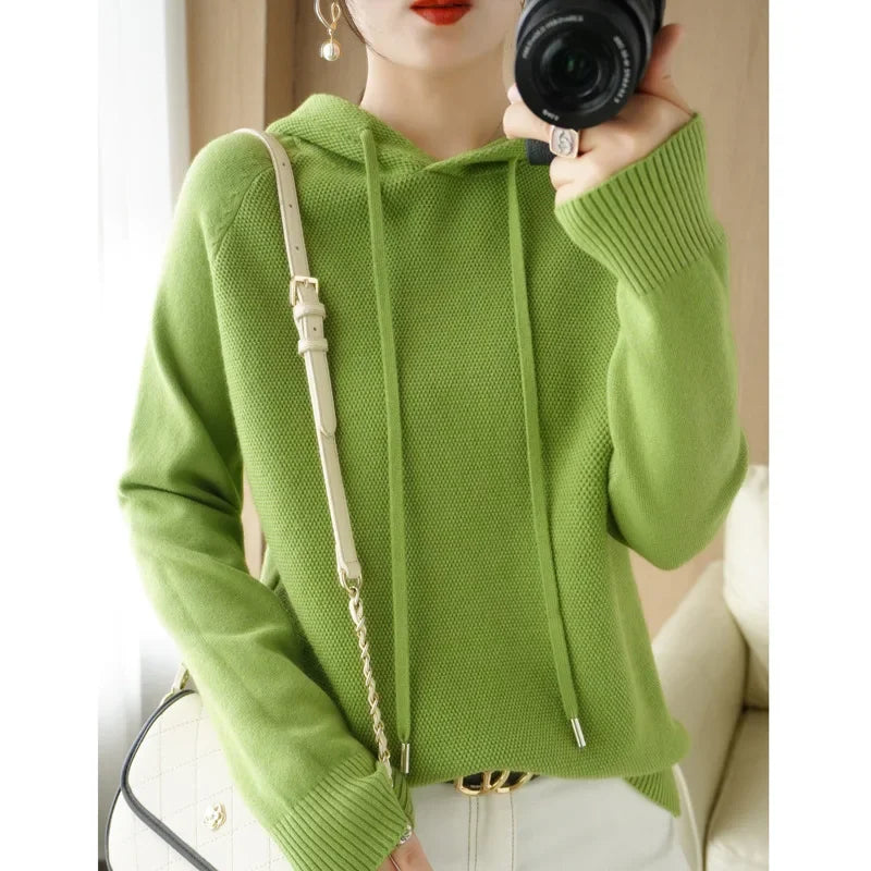 Hooded Sweater Woman, Autumn Winter Warm Knit Tops, Long Sleeve Pullover, Fashion Jumper, Solid Casual Bottoming