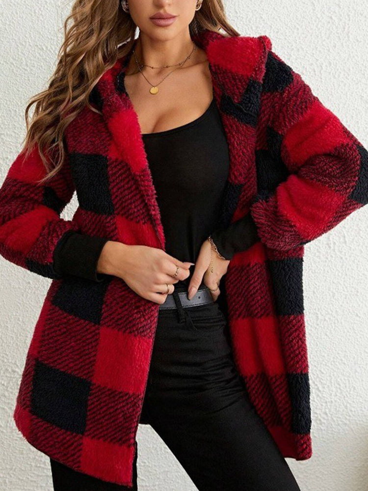 Winter Thick Color-blocked Womens Cardigan, Loose Ribbed Plaid Sweater, Warm Plush Cold-Resistance New Cozy Clothes