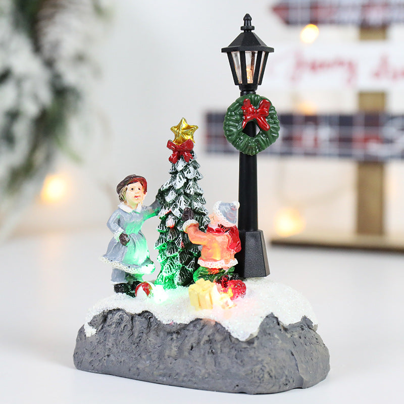 Microlandscape Resin Figurines LED Christmas Village Decoration Santa Claus Pine Needles Snow View 5