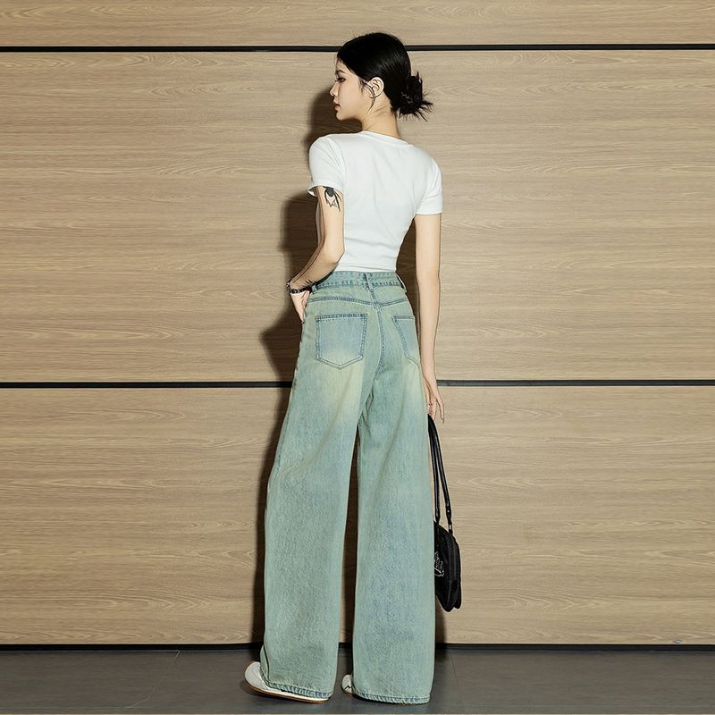 Autumn Retro Graffiti Womens Jeans, High-Waisted Mop Pants, Niche Straight Denim for Women