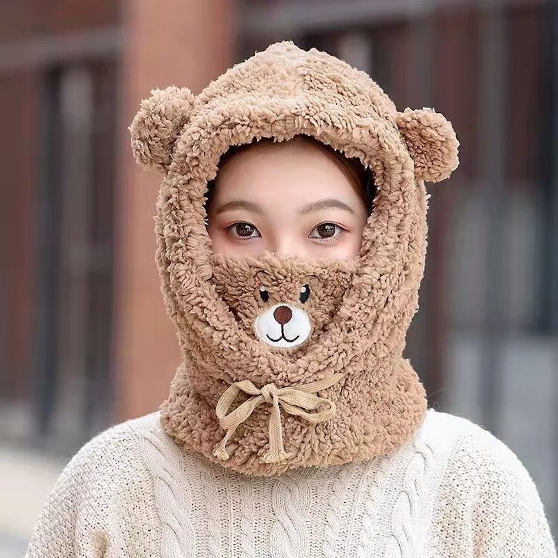 Cute Bear Plush Winter Hat With Earflaps Warm Furry Balaclava Hood For Women And Girls 7