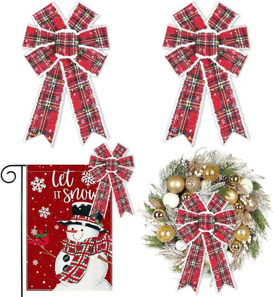 Buffalo Plaid Bows for Wreath, Christmas Bows Vintage Red, Snowflake Bows, White Velvet Tree Bows for Decor