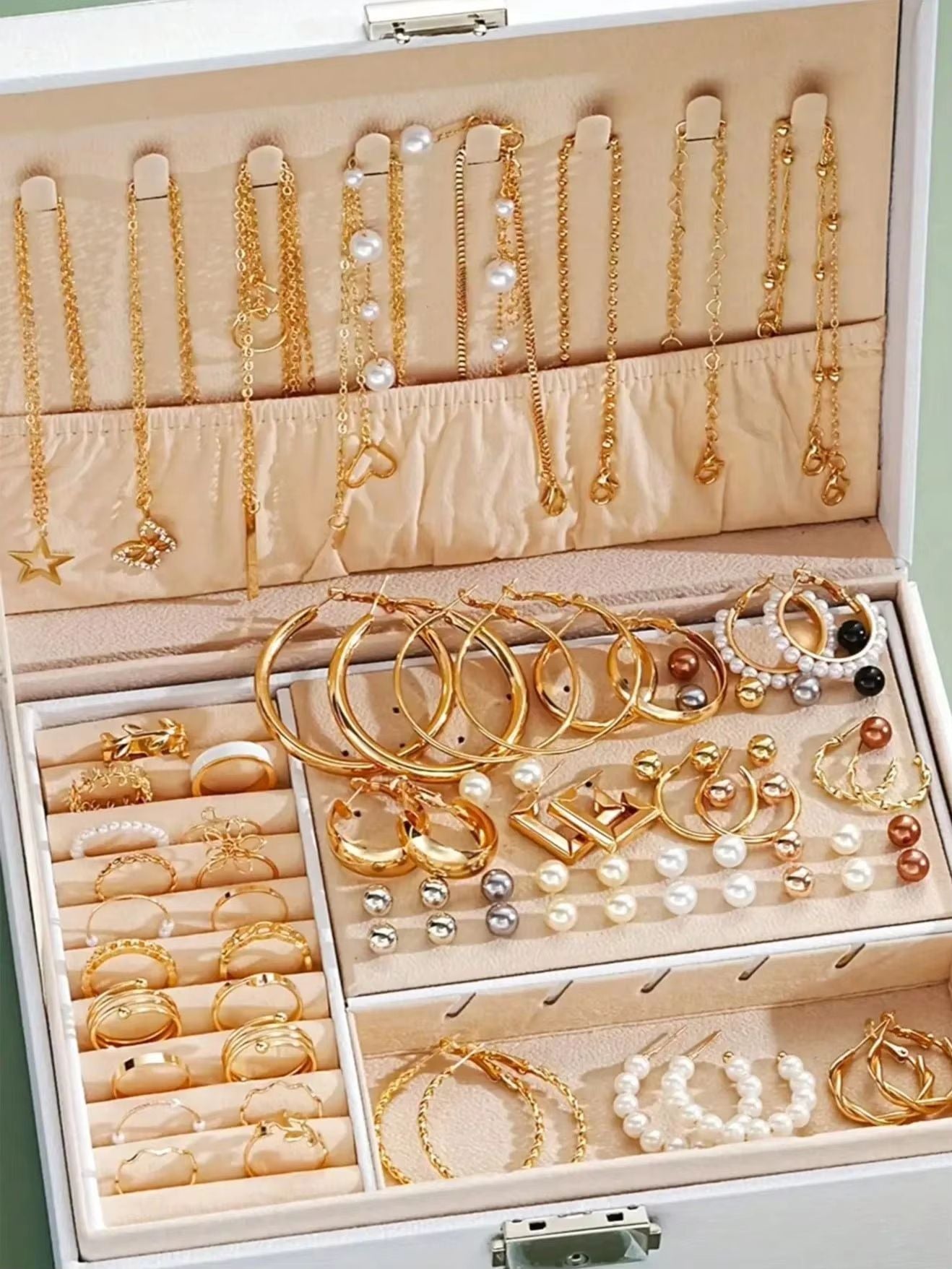 Elegant Pearl Jewelry Set With Multi Layered Necklace Pearl Earrings Ear Studs And Rings 4 In 1 Set 7