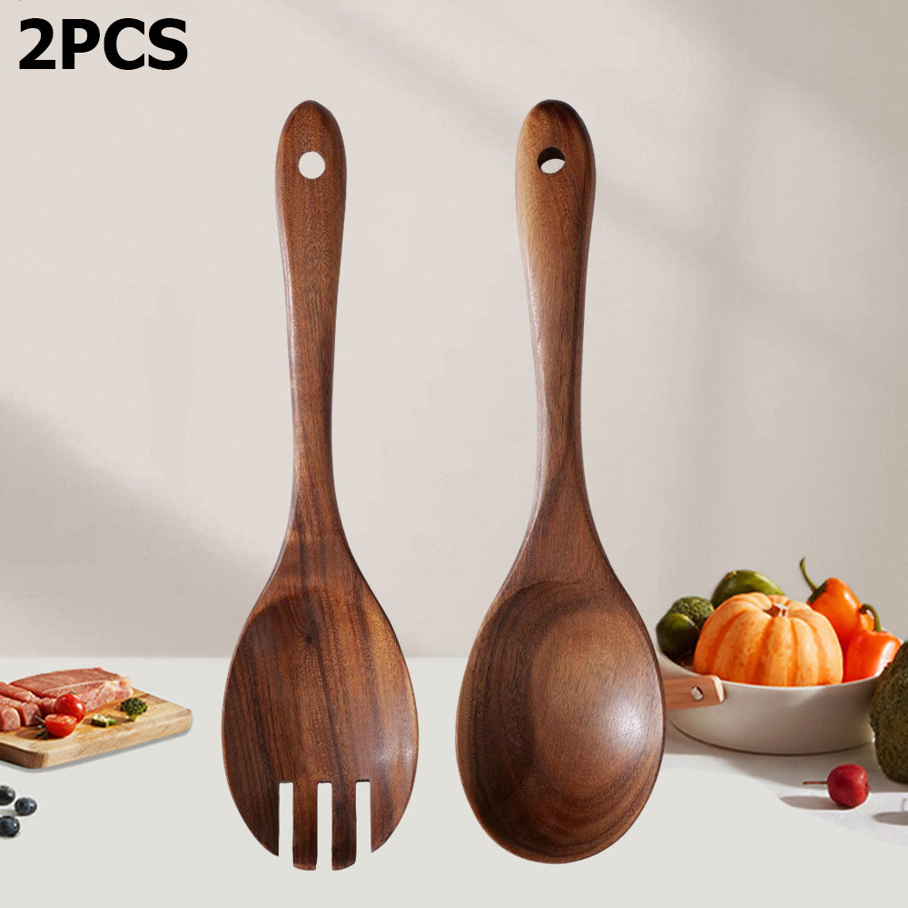 Salad Spoon and Fork, Wood Acacia Salad Servers, Long Handle Serving, Kitchen Scoop
