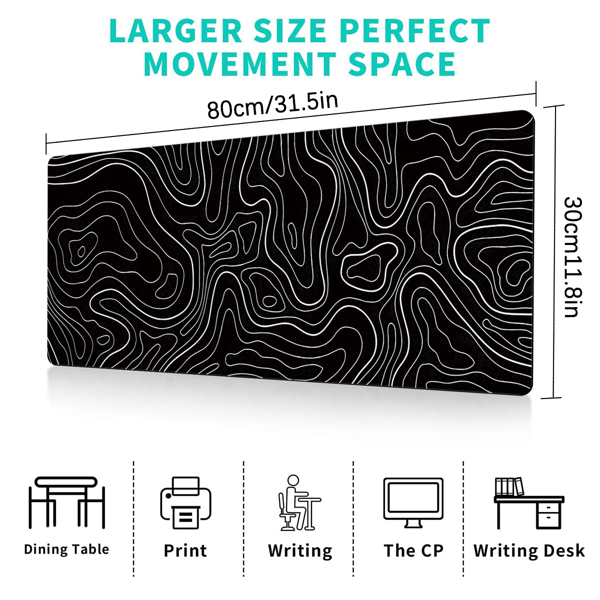 Gaming Mouse Pad, Topographic Mouse Pad, Large Keyboard Pad, Black and White Mouse Pad for Keyboard