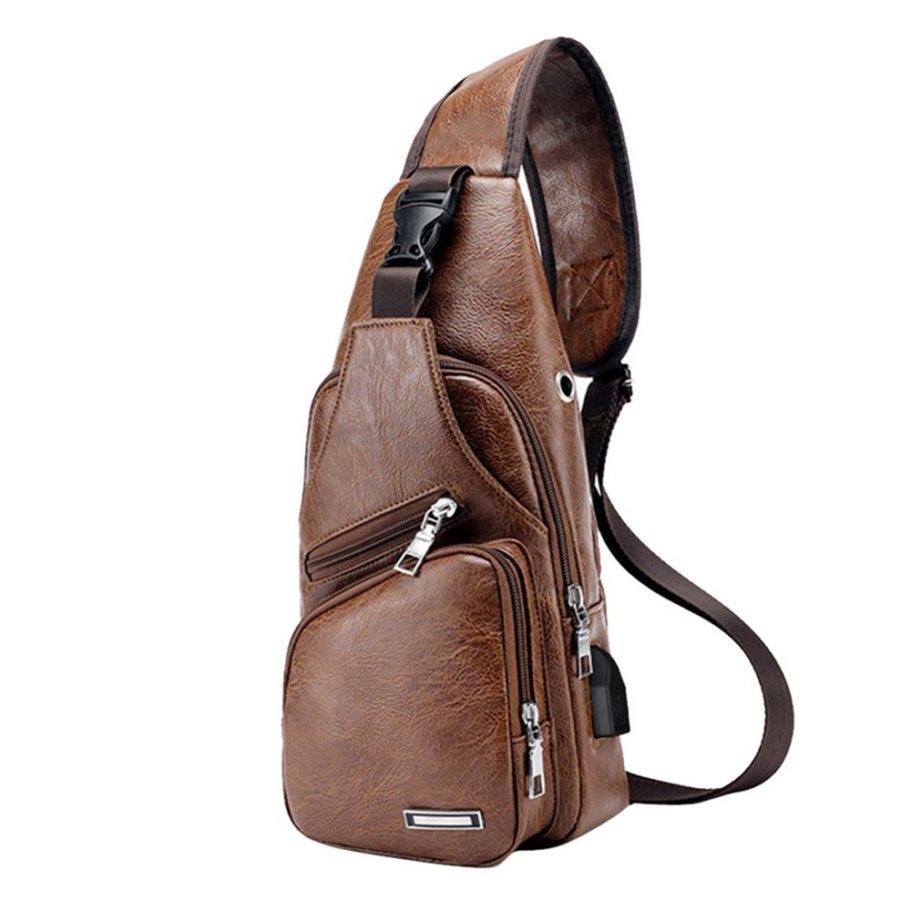 Casual Fashion Shoulder Bag PU, USB Data Cable Charging Chest Bag, Men's Outdoor Sports Bag