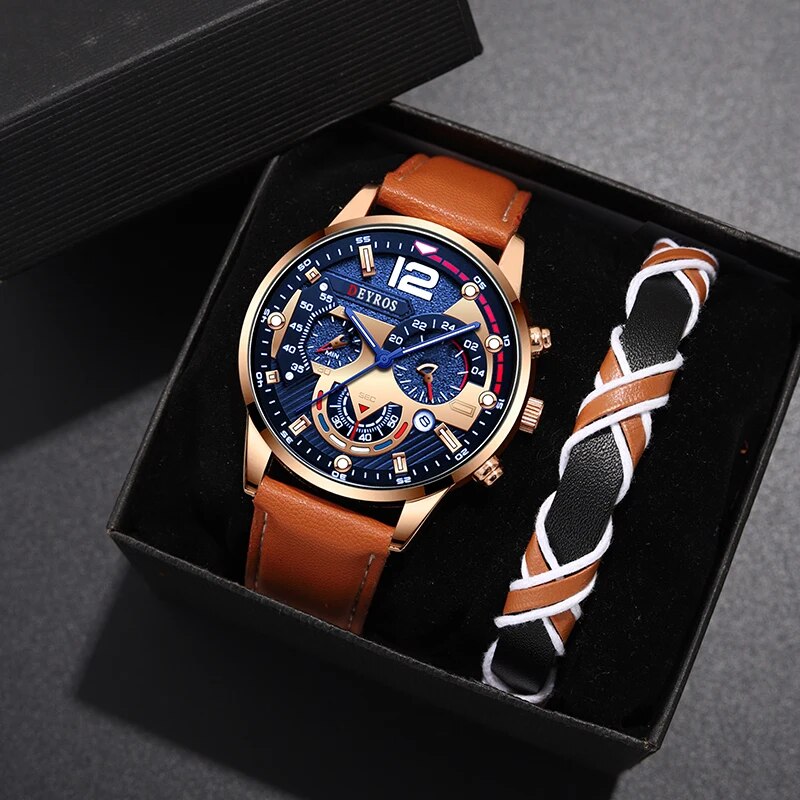 Fashion Men Calendar Watches, Luxury Brown Leather Quartz Watch, Business Casual Male Bracelet Wrist Watch