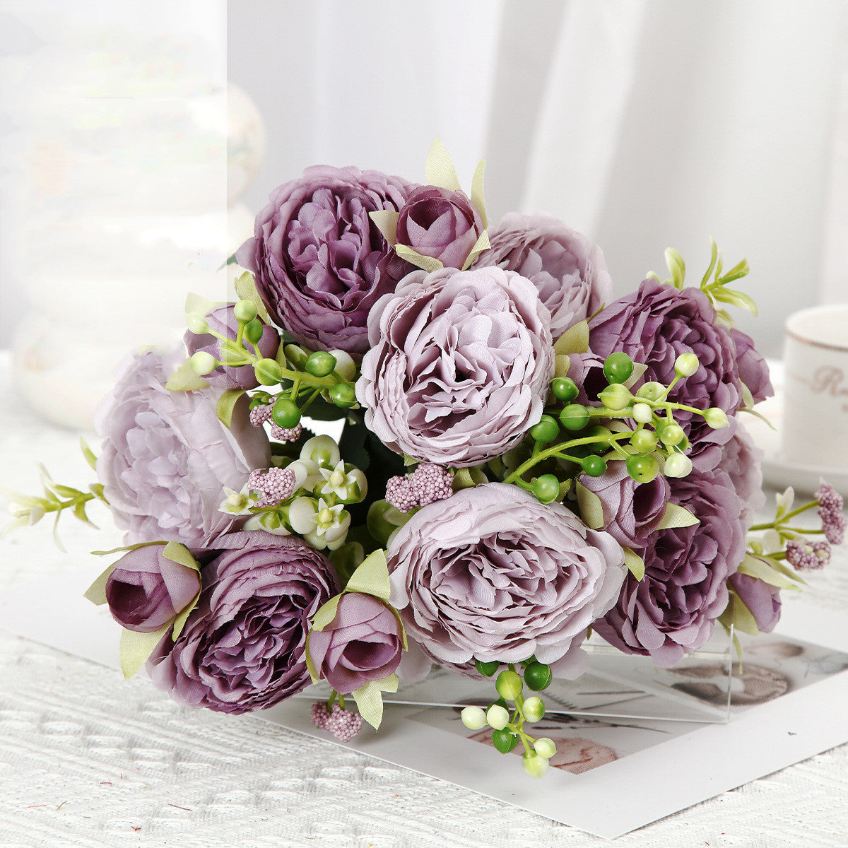 Artificial Flowers Pink White Rose Bouquet, Silk Rose Flower, Home Garden Decoration Wedding Roses, Fake Flowers