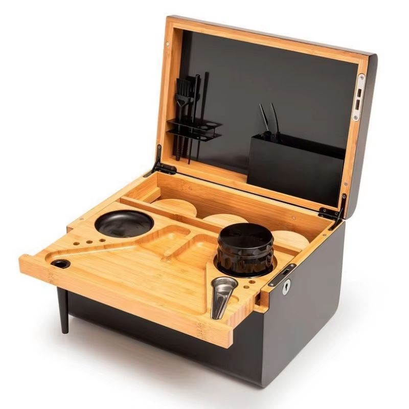 Bamboo LockSafe Organizer Box With Rolling Tray And Storage Compartments 4