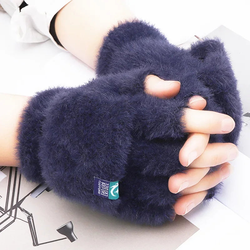 Plush Finger Less Gloves For Women Winter Mitten Soft Warm Flip Gloves Cold Protection For Students 3