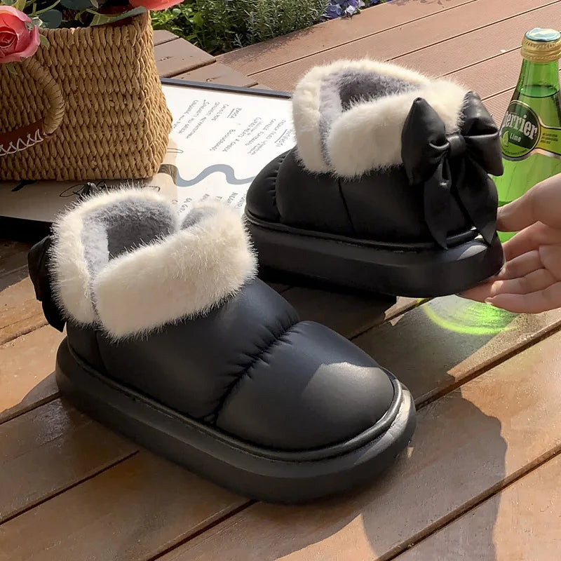 Cute Warm Ankle Boots Waterproof Down Cloth Winter Womens Snow Boots Plush Bow Cotton Shoes Short B 5