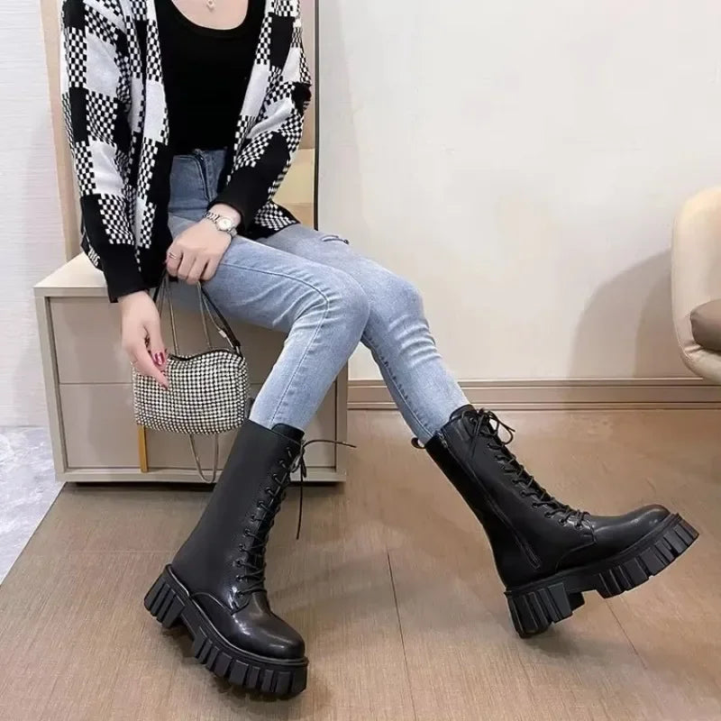 New Winter Boots Female Casual Ankle Boots Thick Heeled Midcalf Boots British Style With Thick Bott 3