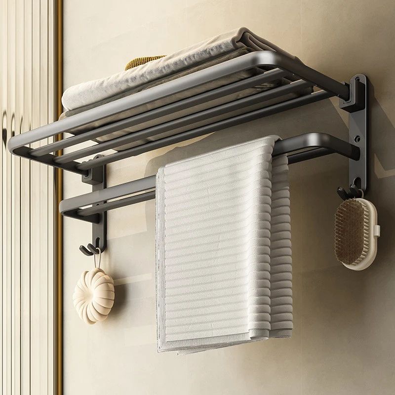 MatteBlack 20Inch WallMount Foldable Towel Rack Hook SpaceSaving Bathroom Organizer 7