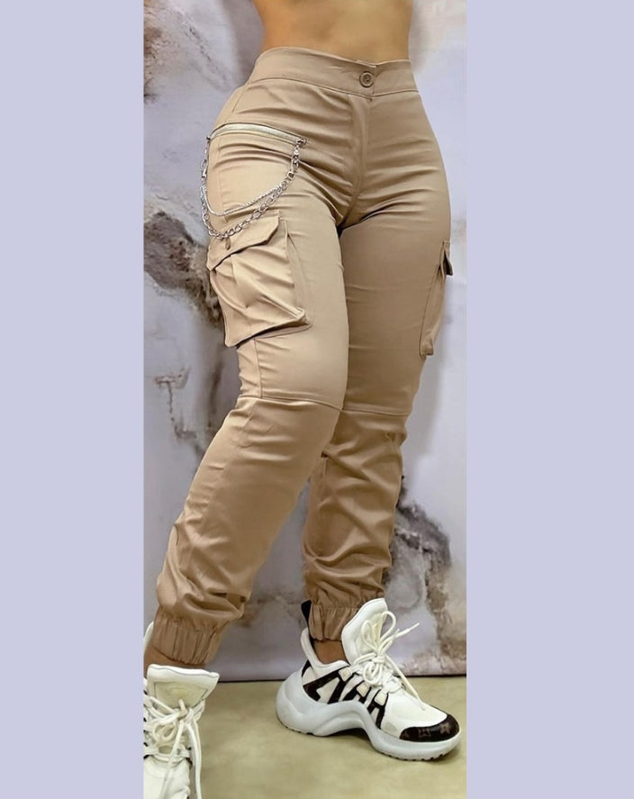 Women Casual Work Pants Autumn Winter Cuffed Cargo Pants With Chain Decor 2
