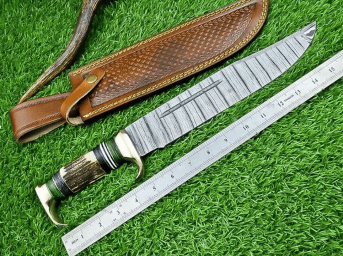 Damascus Steel Survival Blade Stag Antler Handle Full Tang Outdoor Knife Gift With Leather Sheath 1