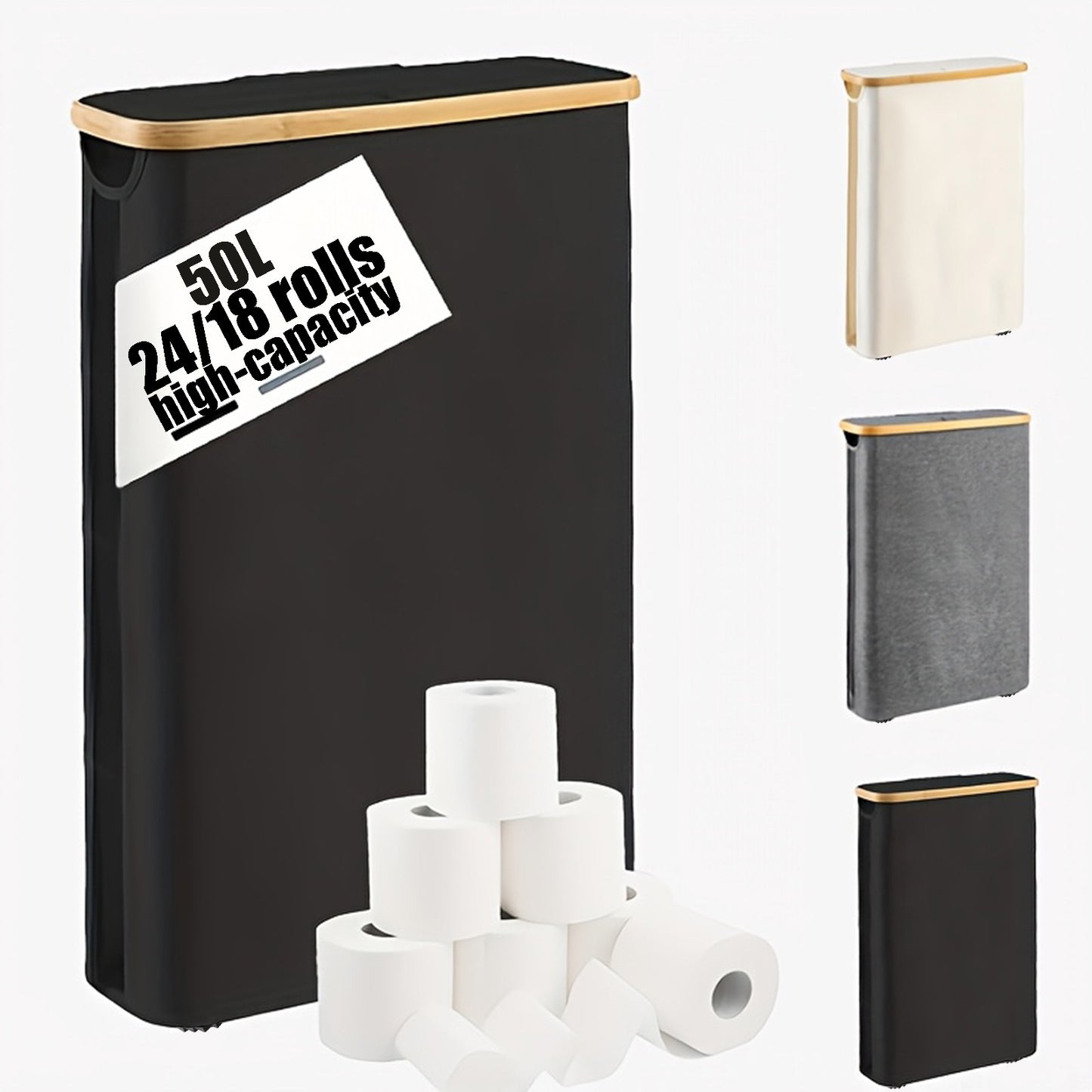 Foldable Bamboo Frame Long Roll Paper Storage Box Anti Slip Base, Bathroom Organizer Storage Container