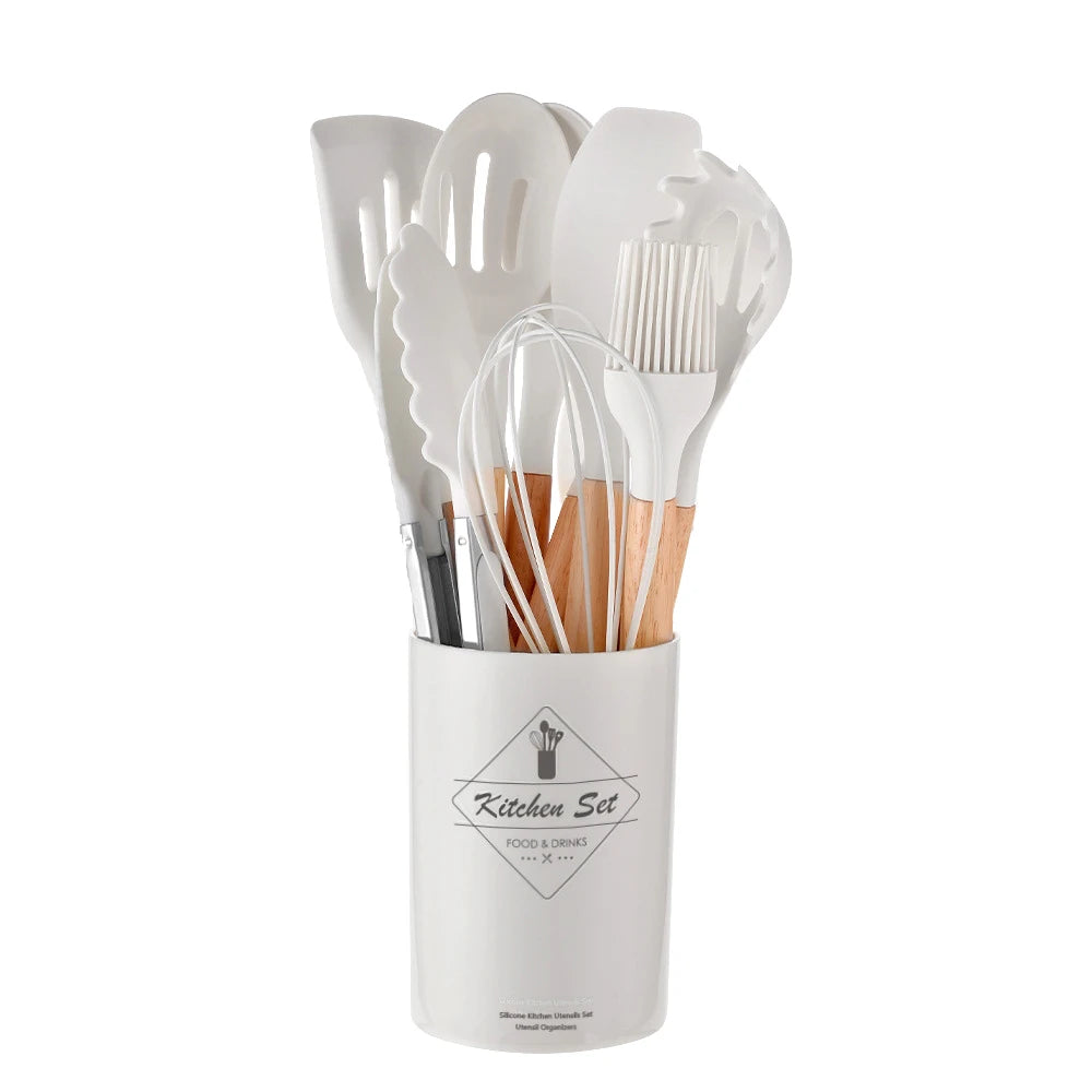 NonStick Cooking Tools Mint Green Silicone Kitchen Utensils Set With Wooden Handle Utensil Holder 7