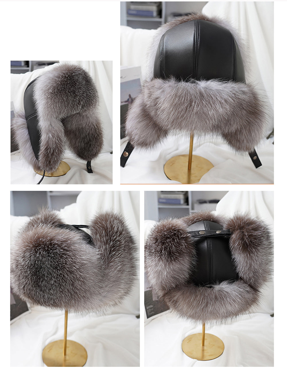 Mens Real Silver Fox Fur Bomber Hat Raccoon Fur Cap Russian Trapper Ski Hats Leather Winter Hat For