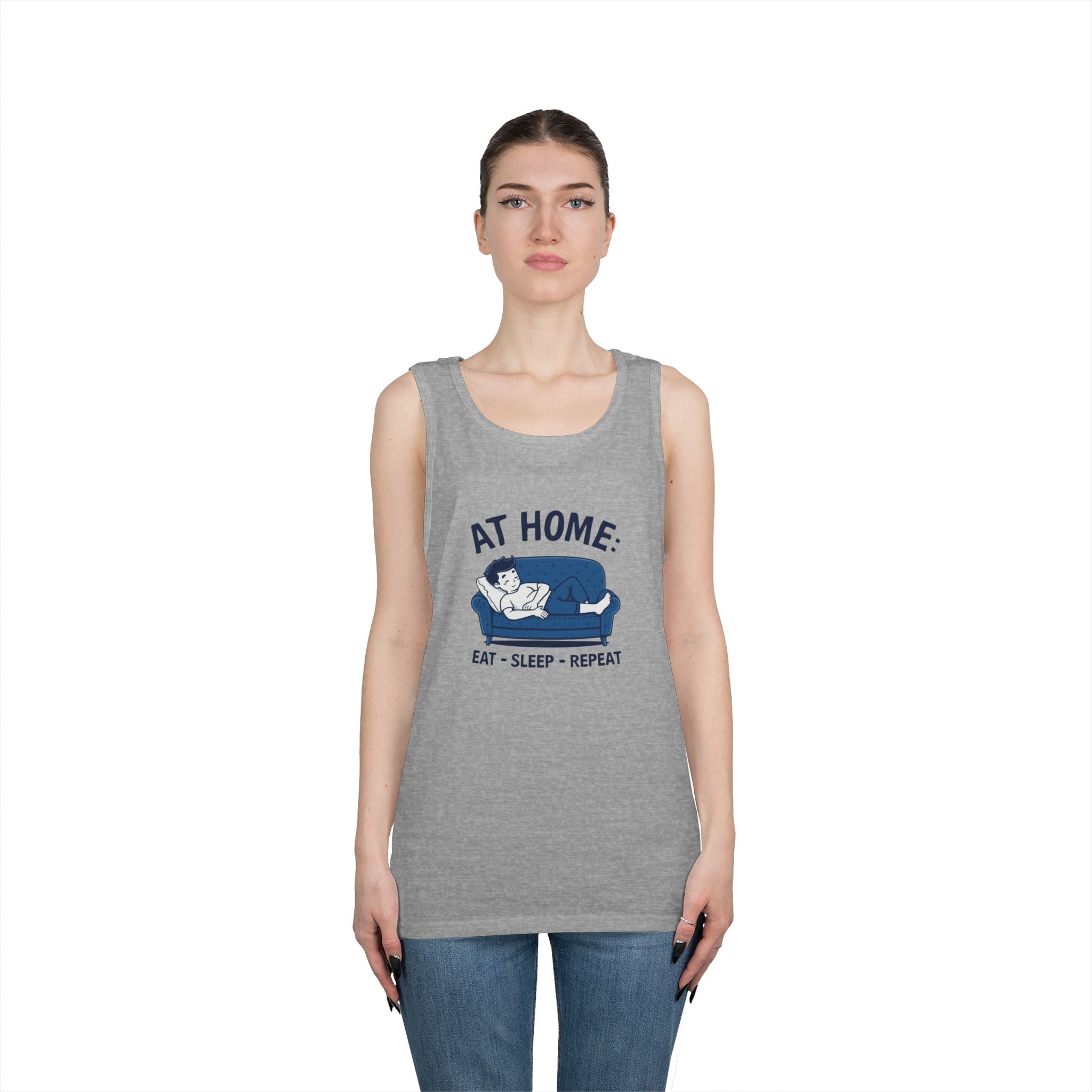 At Home Tank Top – “At Home: Eat • Sleep • Repeat” Couch Lounging Graphic Tank