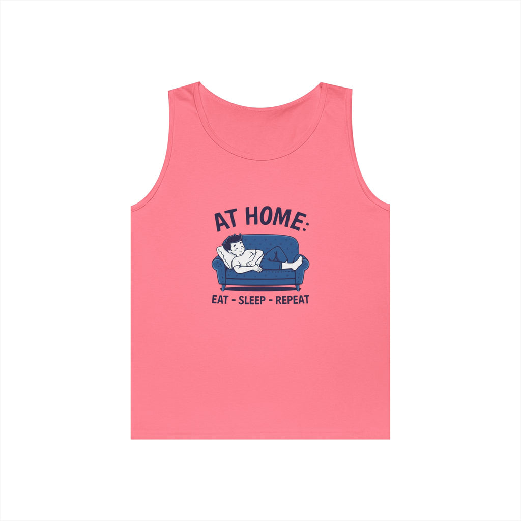At Home Tank Top – “At Home: Eat • Sleep • Repeat” Couch Lounging Graphic Tank