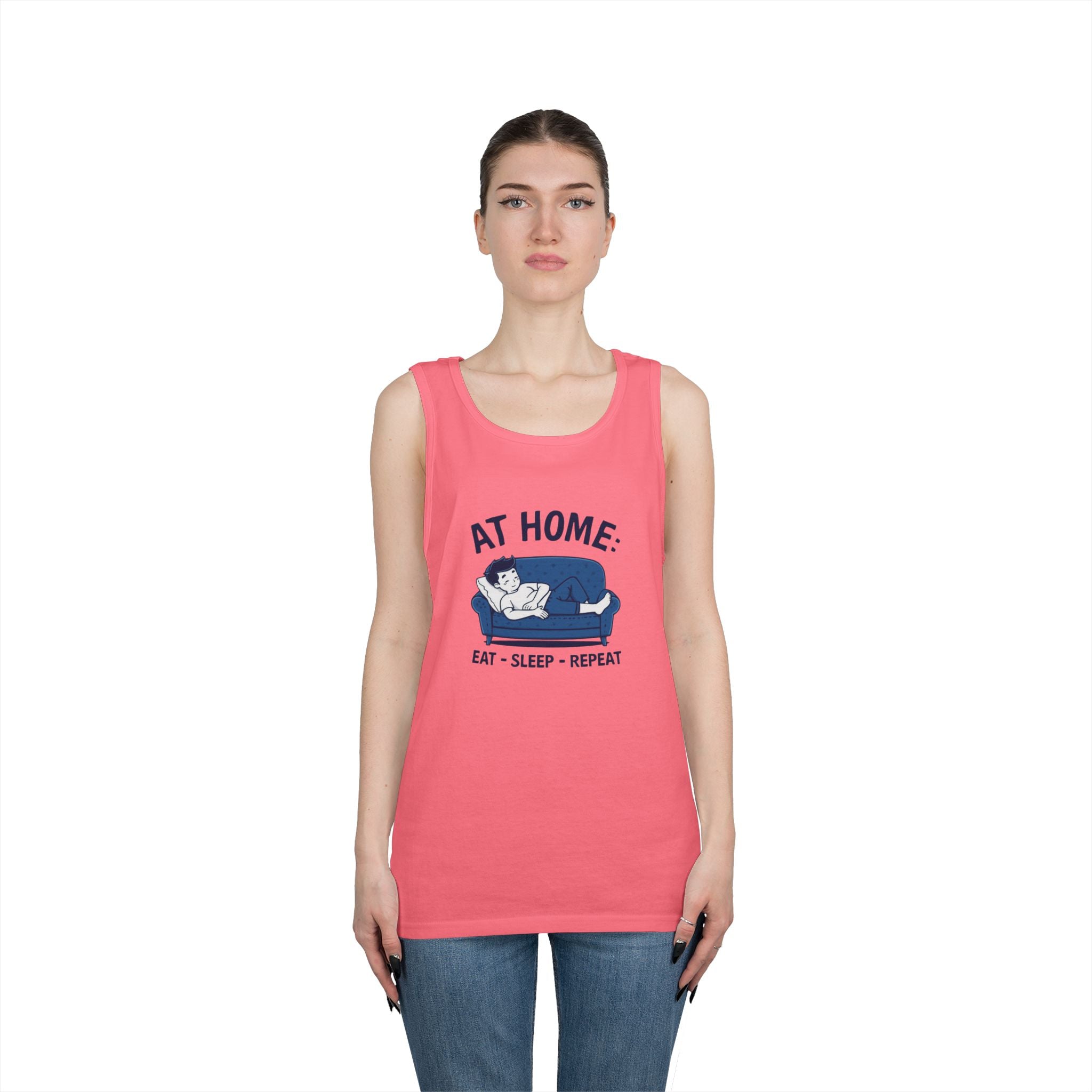 At Home Tank Top – “At Home: Eat • Sleep • Repeat” Couch Lounging Graphic Tank