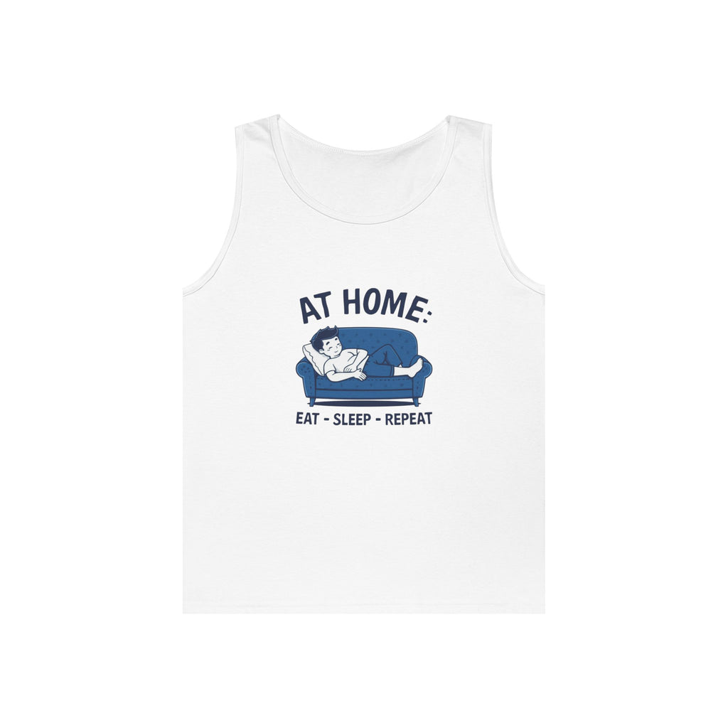 At Home Tank Top – “At Home: Eat • Sleep • Repeat” Couch Lounging Graphic Tank