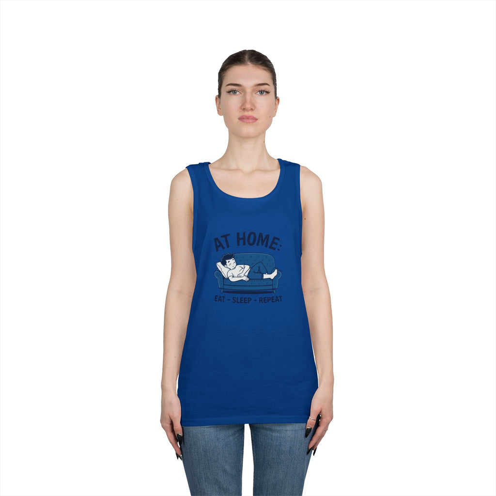 At Home Tank Top – “At Home: Eat • Sleep • Repeat” Couch Lounging Graphic Tank