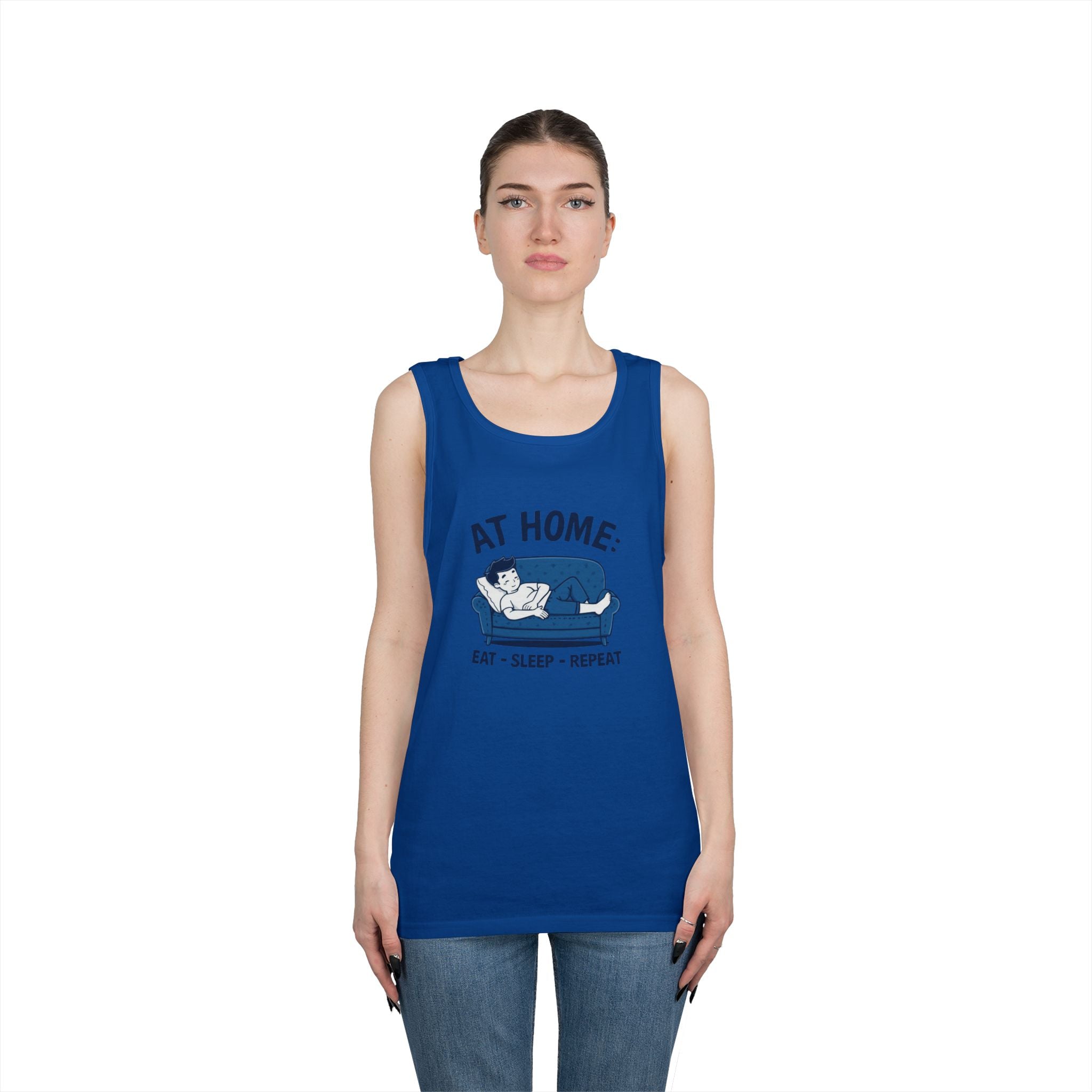 At Home Tank Top – “At Home: Eat • Sleep • Repeat” Couch Lounging Graphic Tank