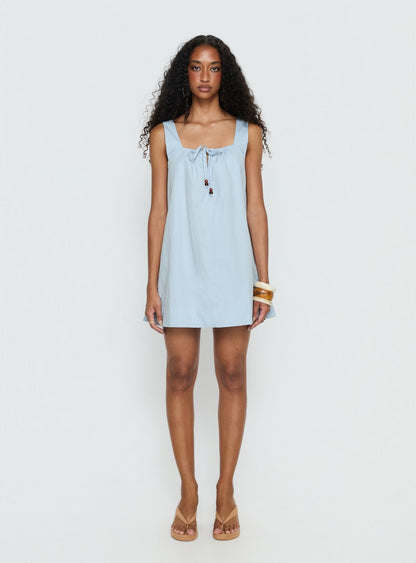 Barbel Square Neck Tie Detail Mini Dress Blue