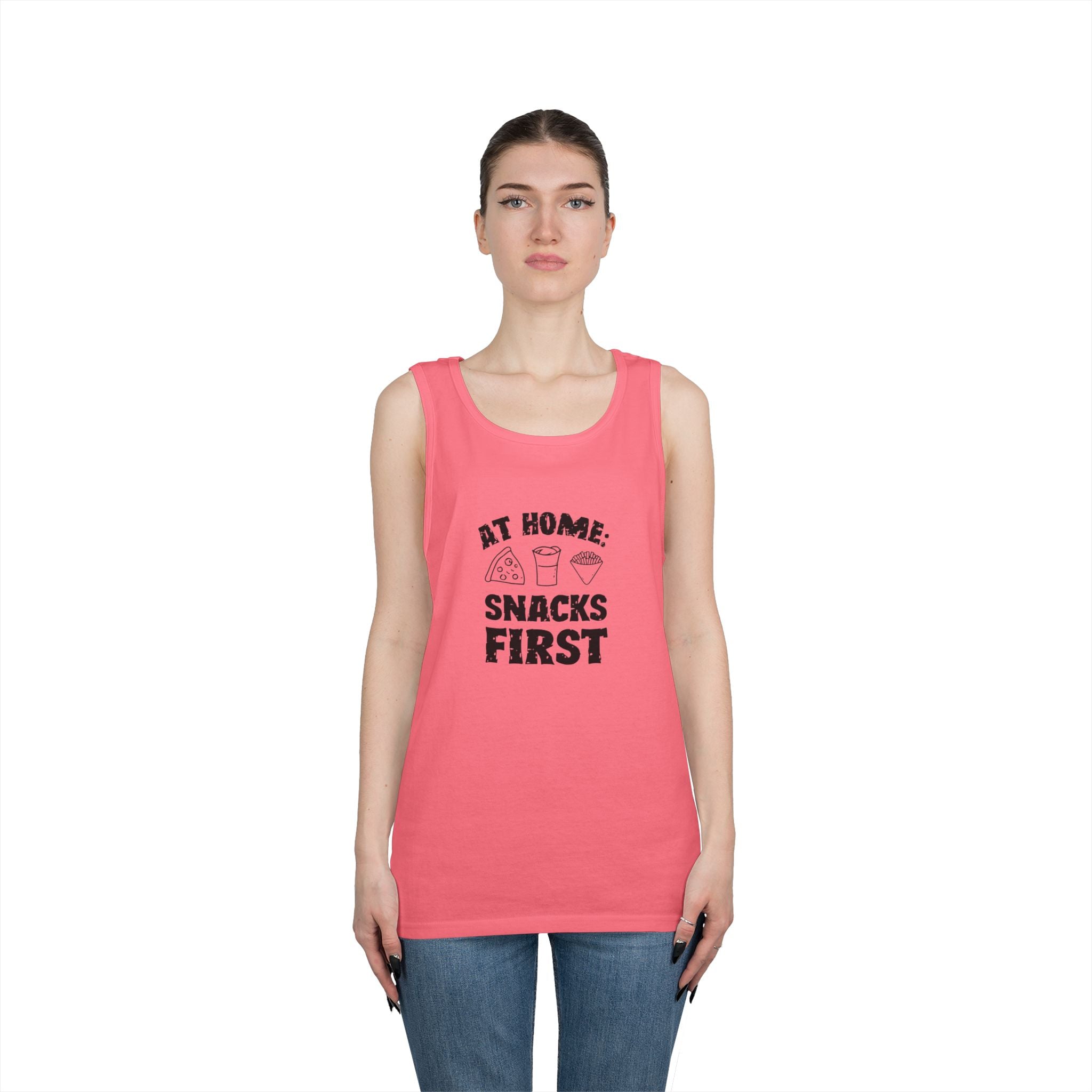 Tank Top — “At Home: Snacks First” Funny Snack Lover Graphic