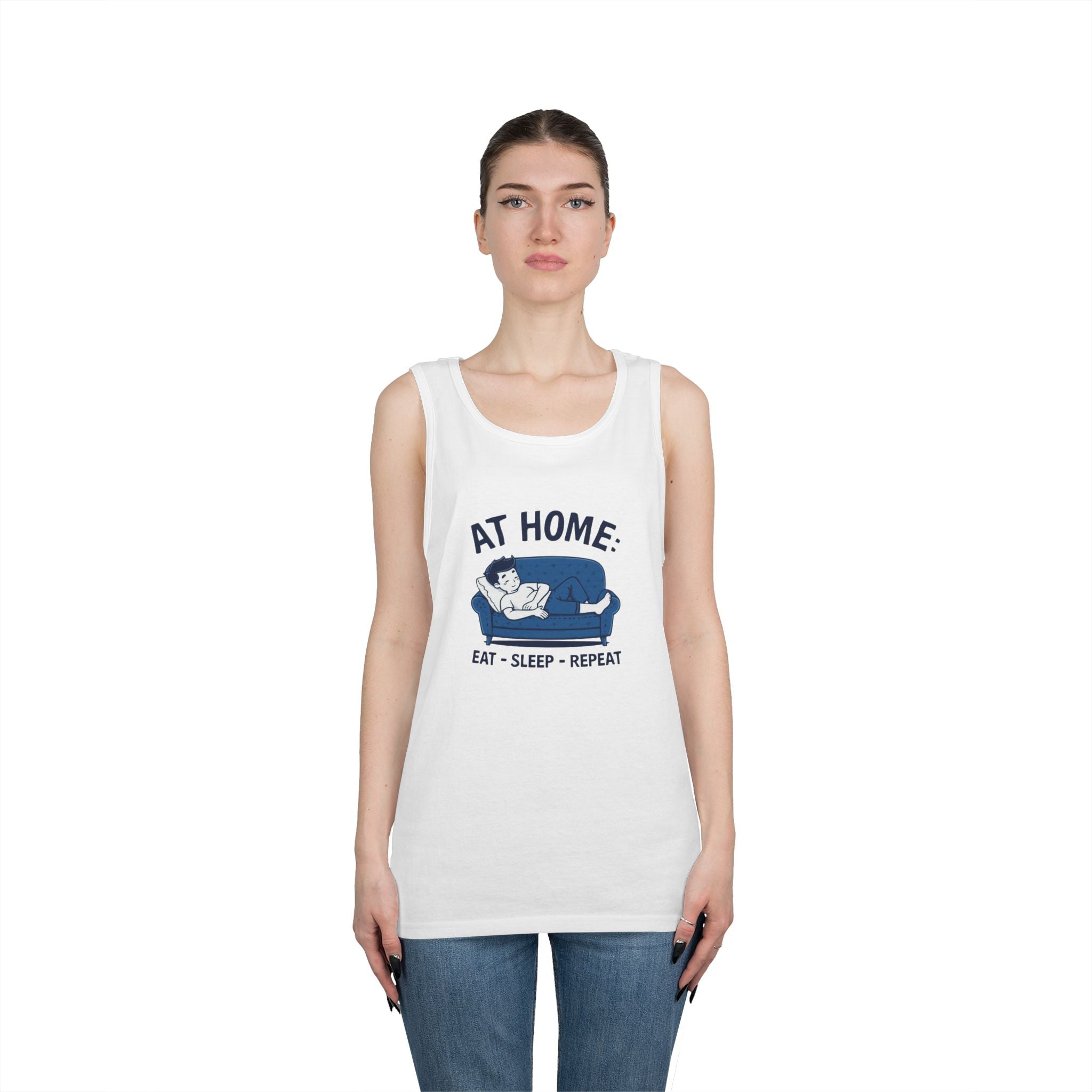 At Home Tank Top – “At Home: Eat • Sleep • Repeat” Couch Lounging Graphic Tank