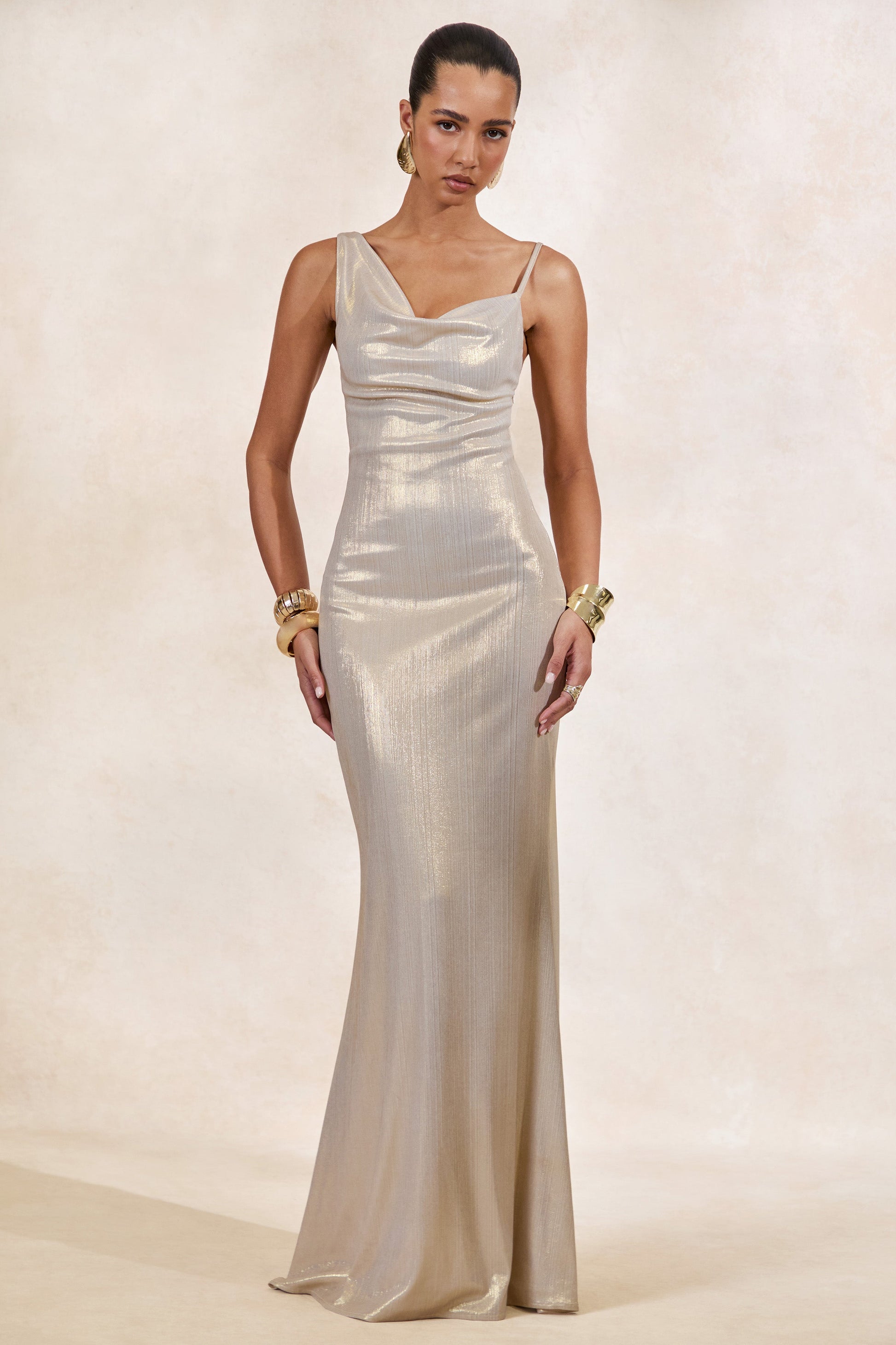 Galaxy Shimmer | Champagne Bias Cut Cowl Front Maxi Dress