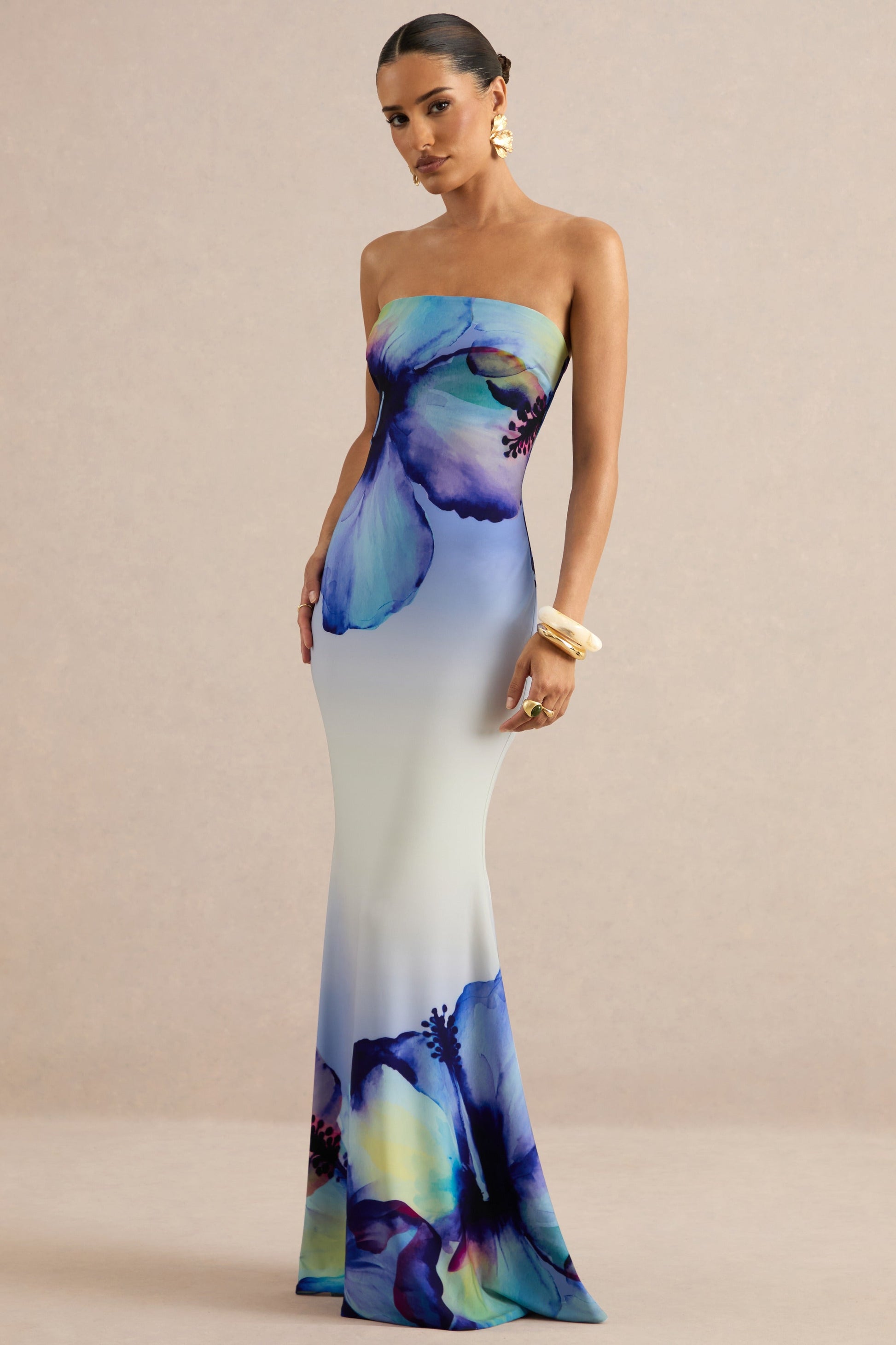 Ceremony | Blue Ombre Floral Print Bandeau Maxi Dress