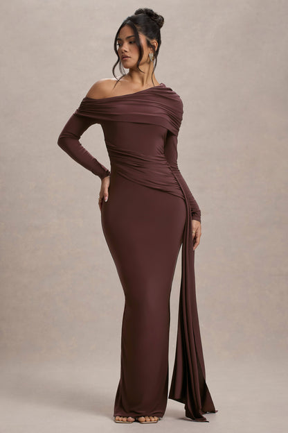 Valina | Brown Ruched Asymmetric Maxi Dress With Drape