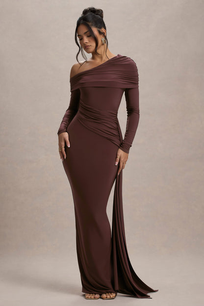 Valina | Brown Ruched Asymmetric Maxi Dress With Drape