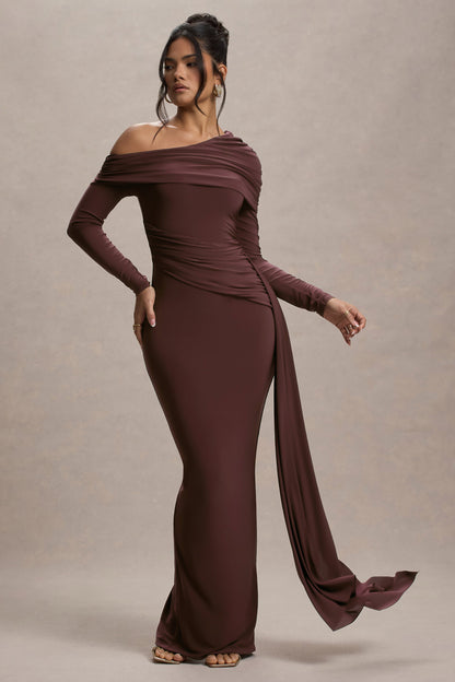 Valina | Brown Ruched Asymmetric Maxi Dress With Drape