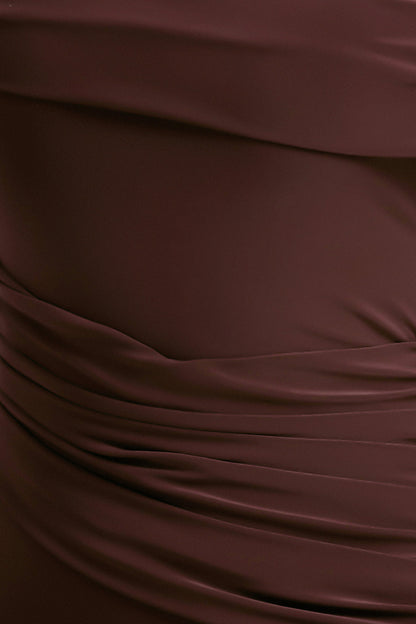 Valina | Brown Ruched Asymmetric Maxi Dress With Drape