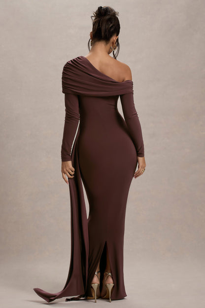 Valina | Brown Ruched Asymmetric Maxi Dress With Drape