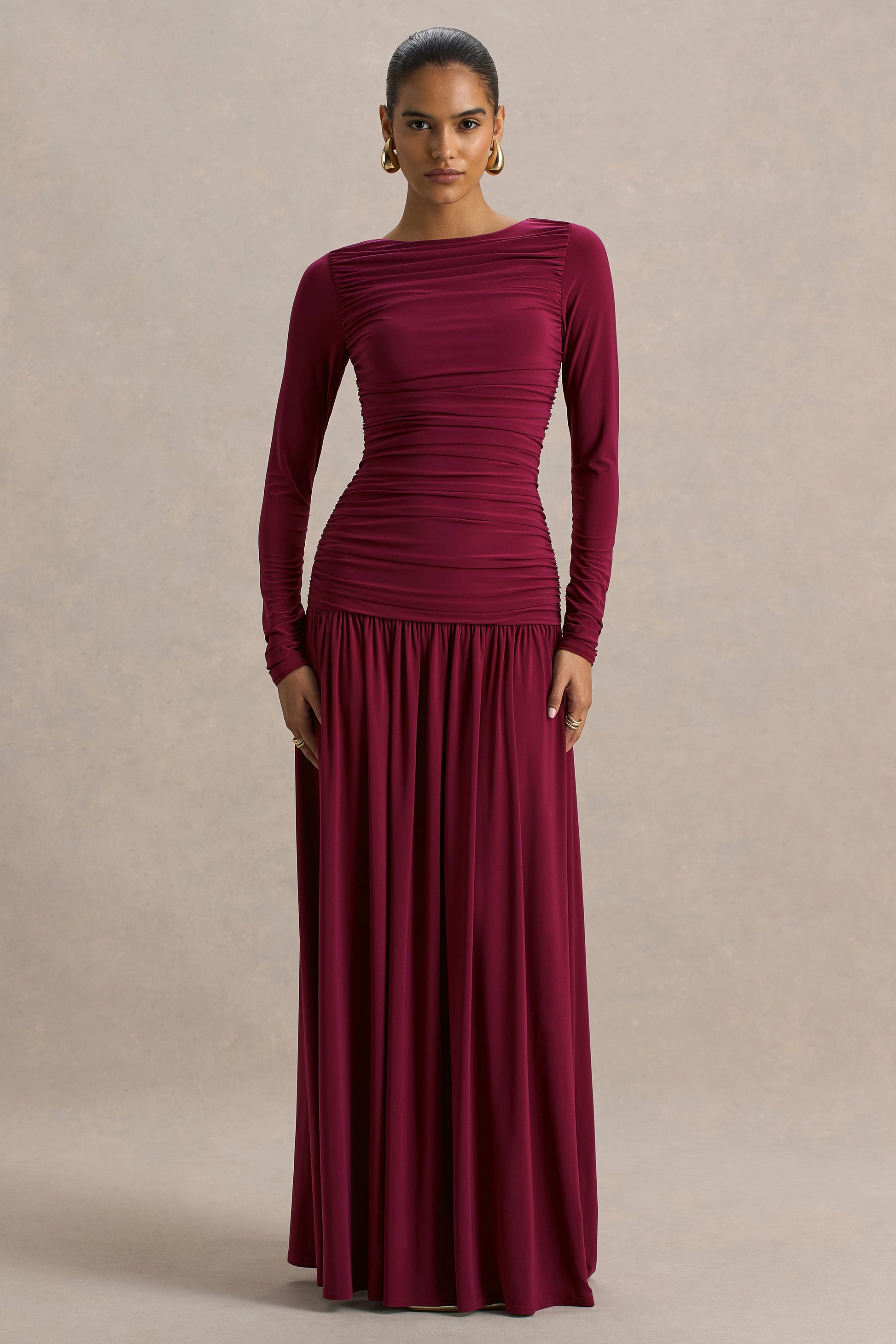 Aniyah | Burgundy Slashed-Neck Maxi Dress With Ruched Detailing