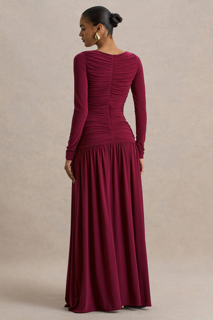 Aniyah | Burgundy Slashed-Neck Maxi Dress With Ruched Detailing
