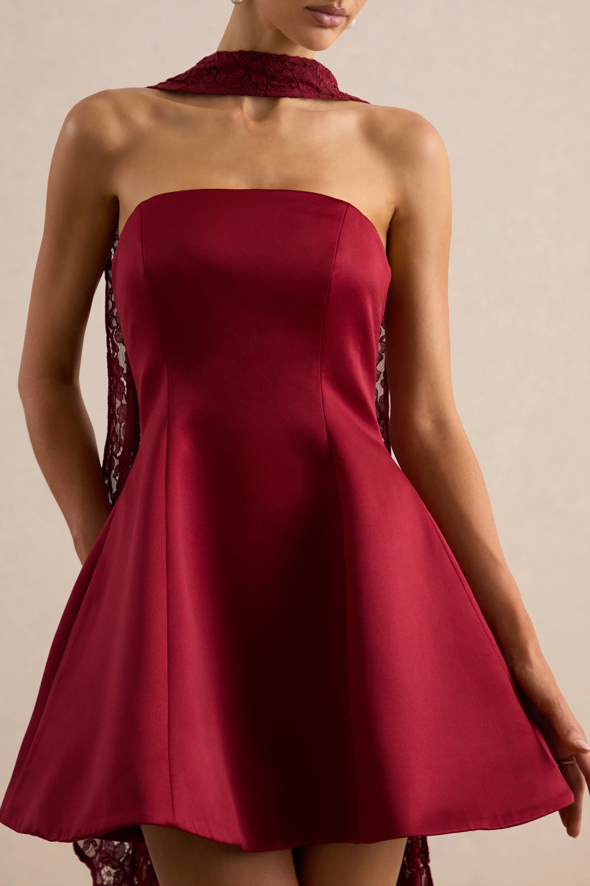 Lioray | Burgundy Satin Bandeau-Neck A- Mini Dress