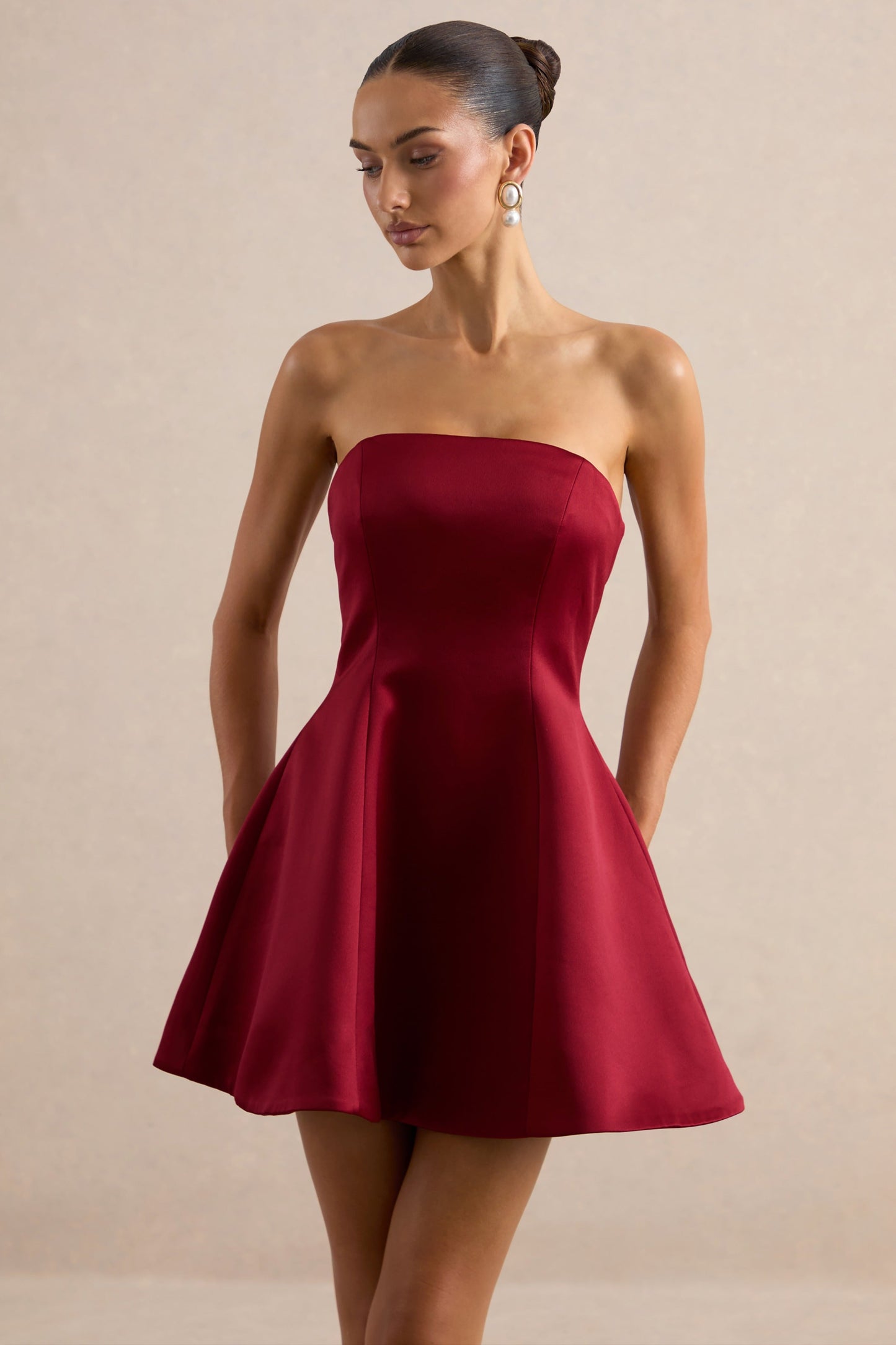 Lioray | Burgundy Satin Bandeau-Neck A- Mini Dress
