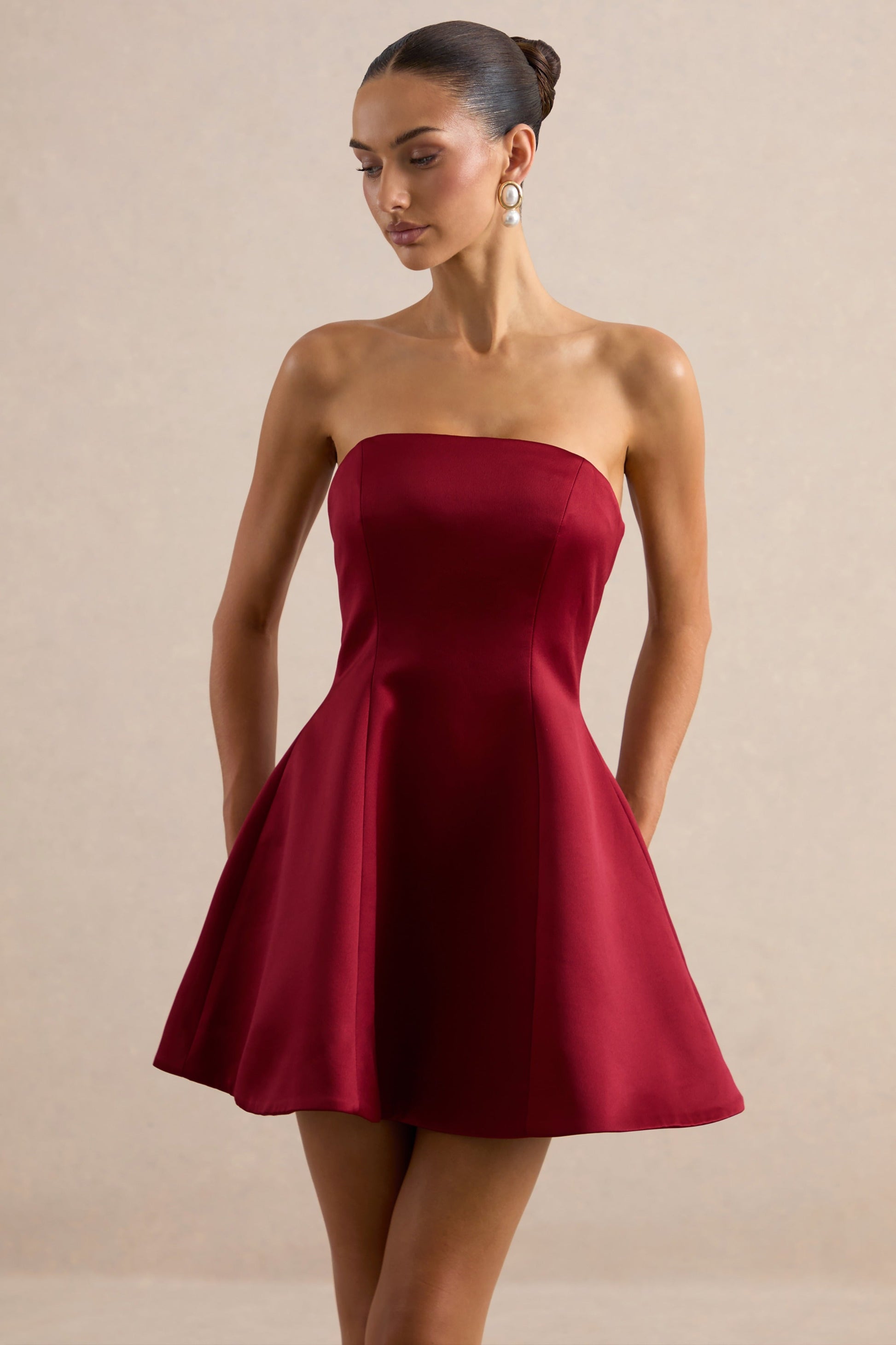 Lioray | Burgundy Satin Bandeau-Neck A- Mini Dress