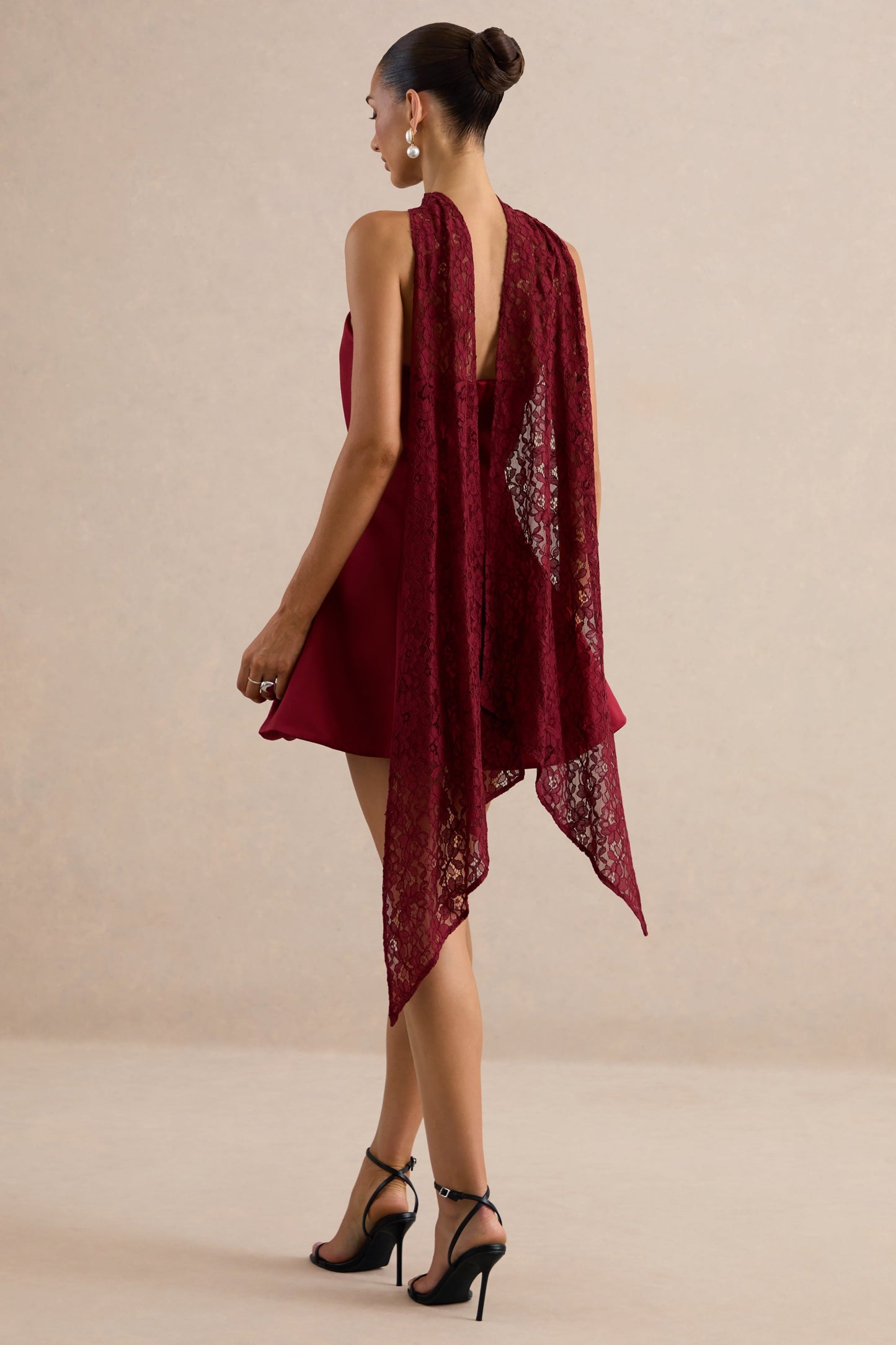 Lioray | Burgundy Satin Bandeau-Neck A- Mini Dress