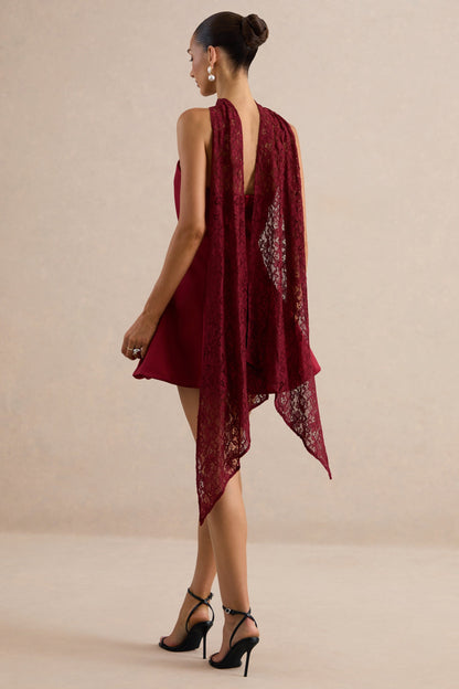 Lioray | Burgundy Satin Bandeau-Neck A- Mini Dress