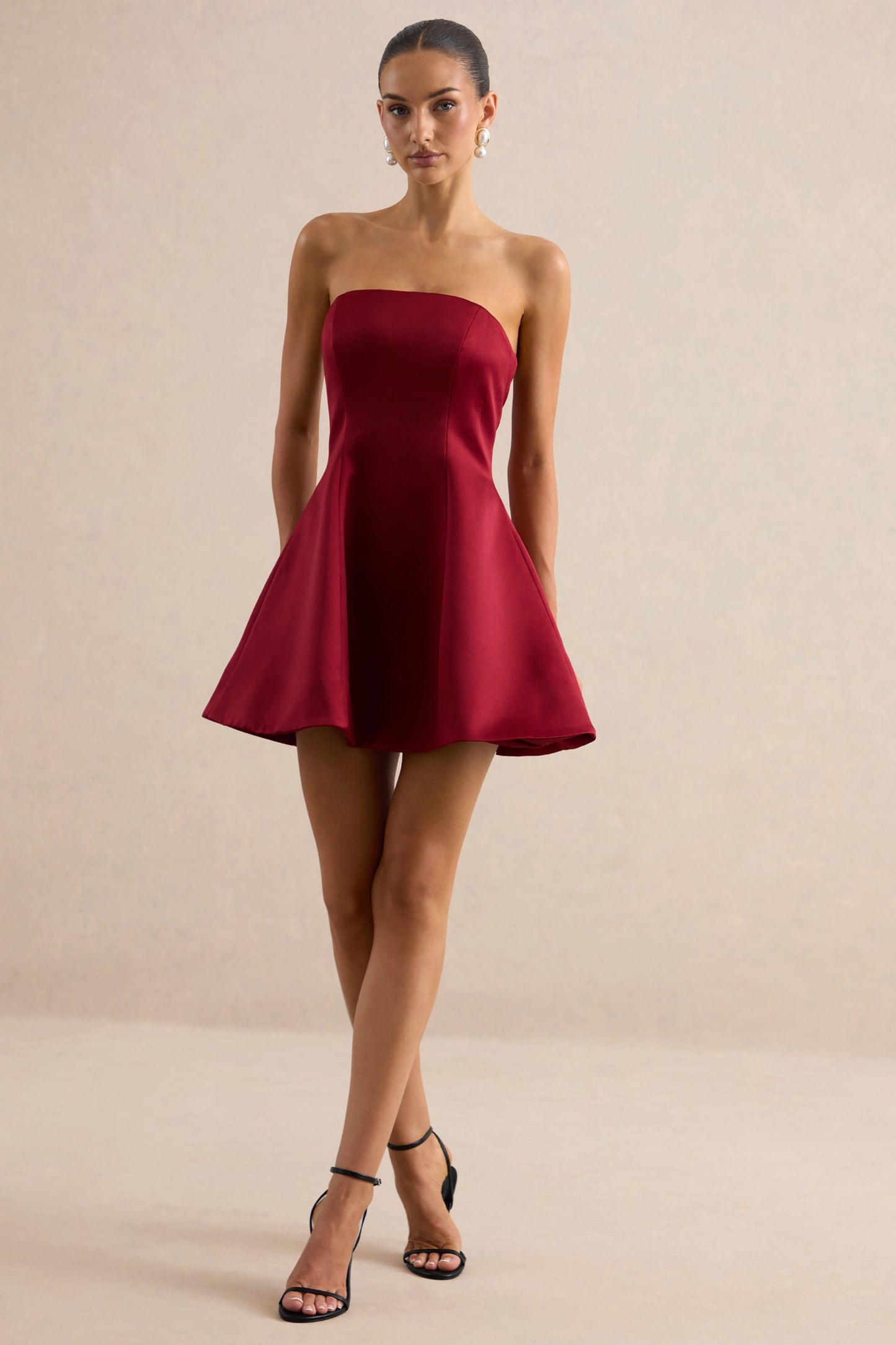 Lioray | Burgundy Satin Bandeau-Neck A- Mini Dress