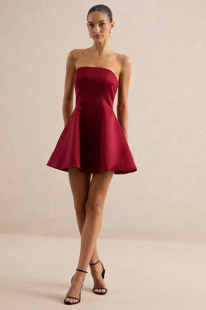 Lioray | Burgundy Satin Bandeau-Neck A- Mini Dress