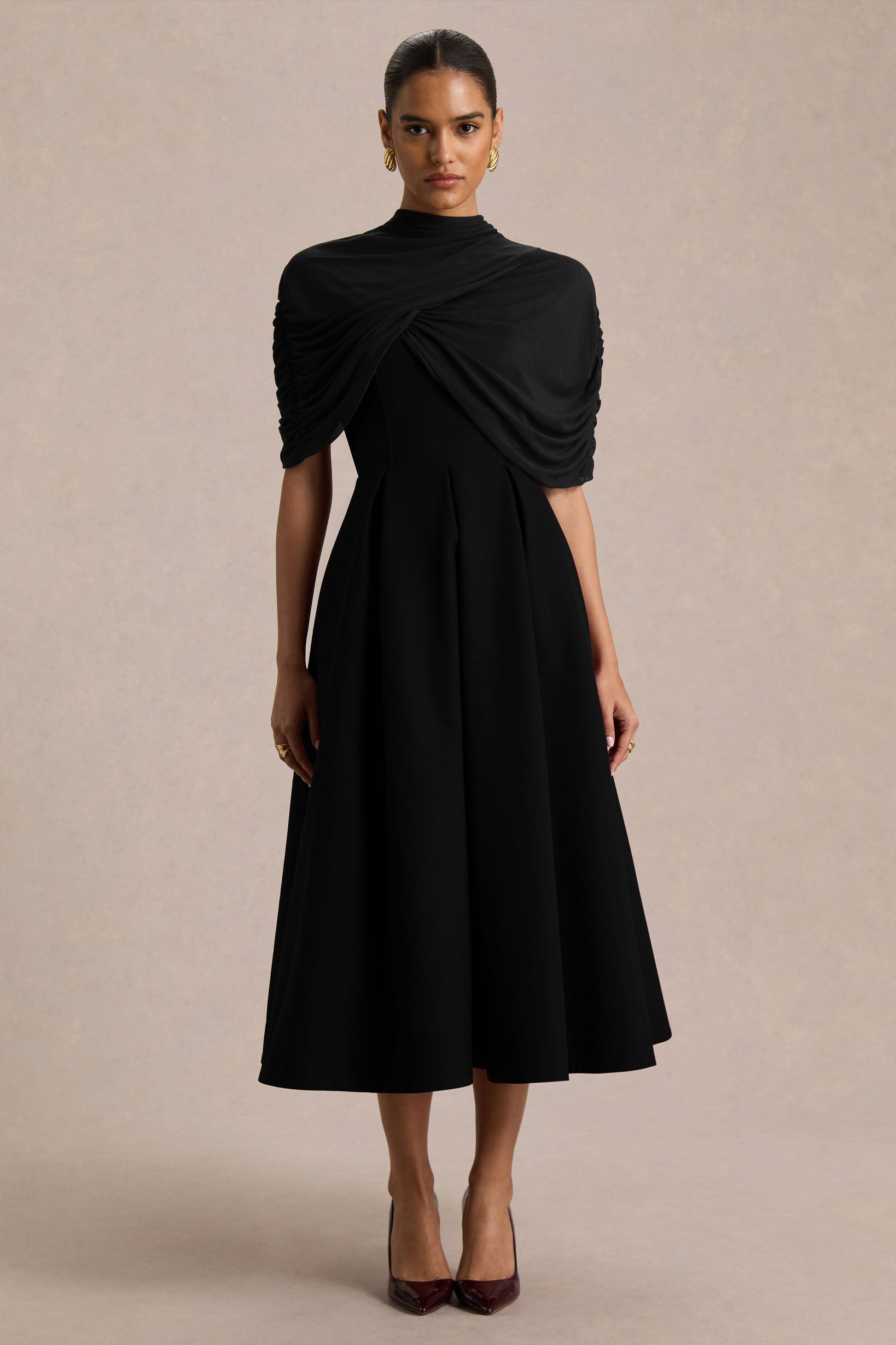 Thalia | Black High-Neck Midi Dress With Sheer Mesh Cape