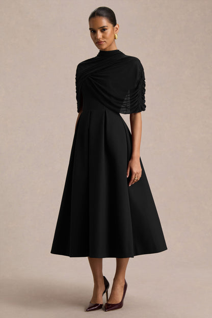 Thalia | Black High-Neck Midi Dress With Sheer Mesh Cape
